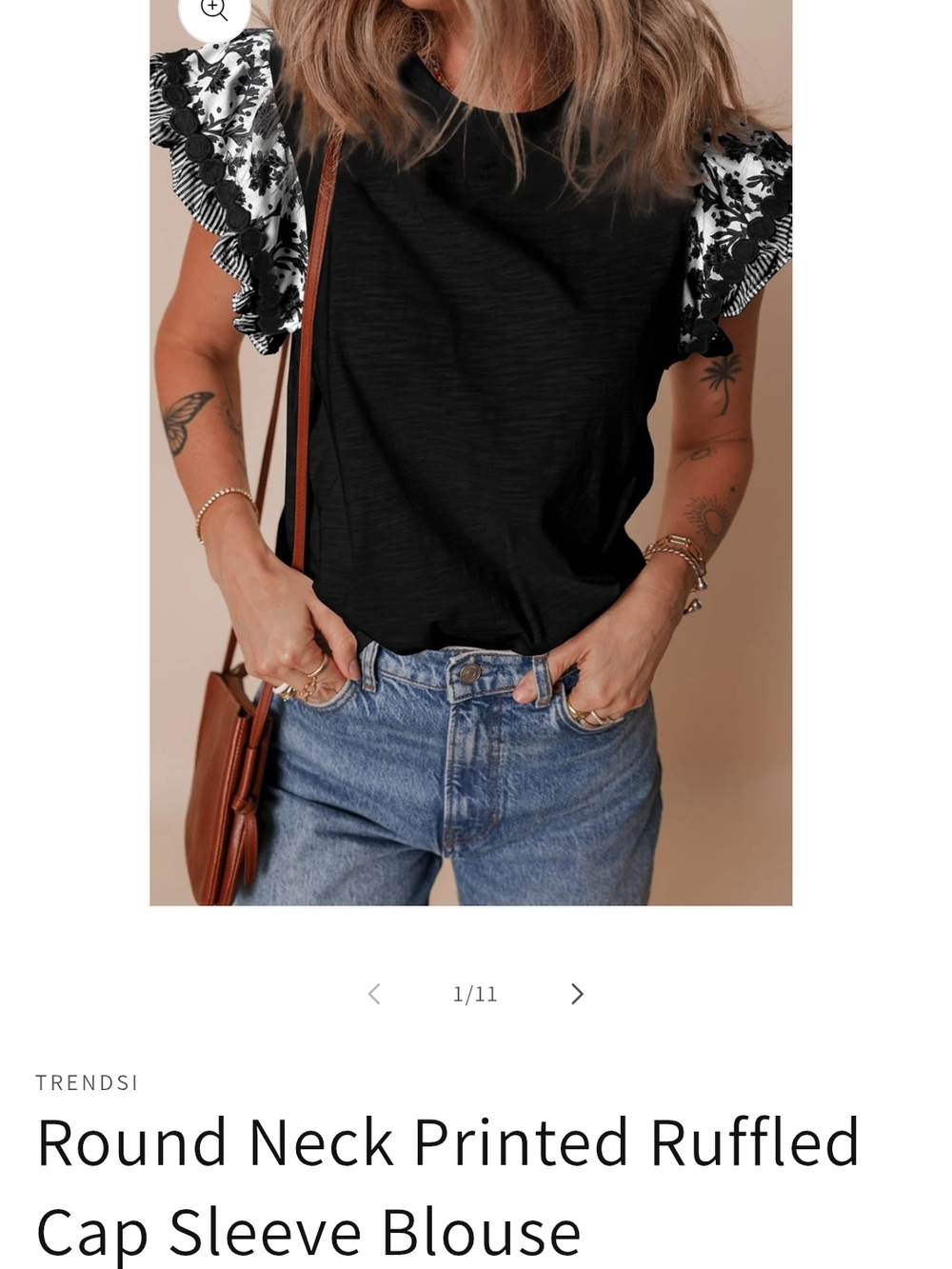 Round Neck Black Blouse with Printed Ruffled Cap Sleeves